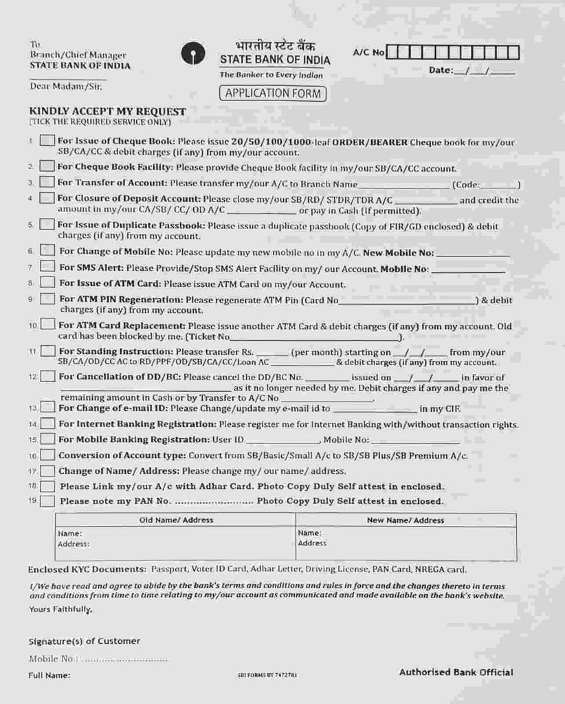 sbi account mobile number register application form